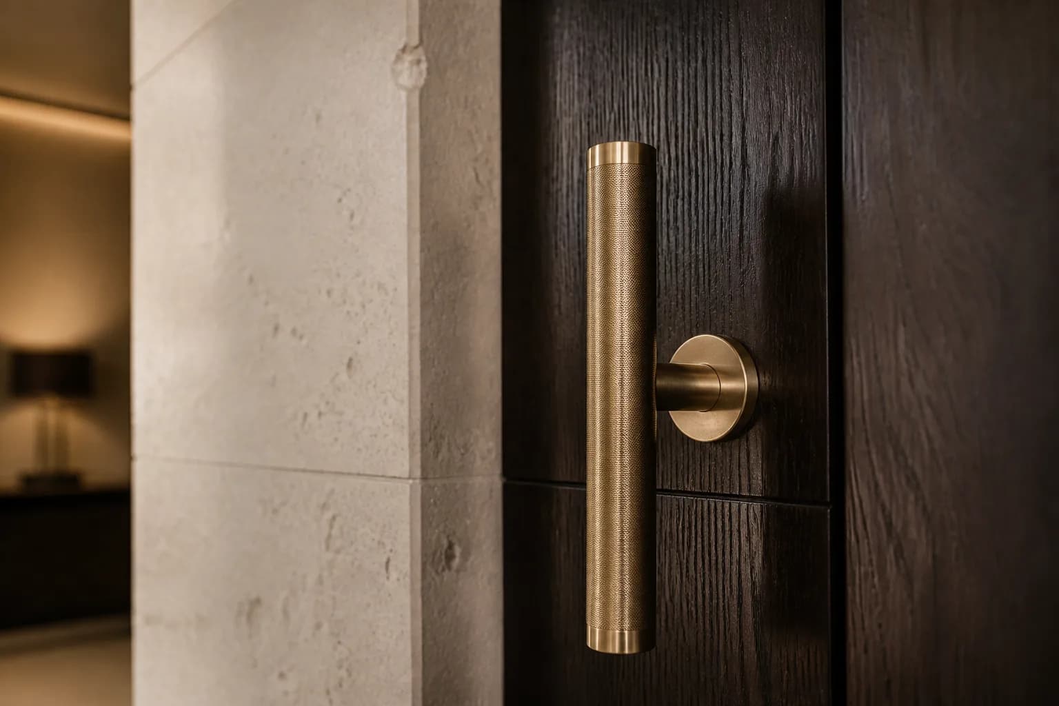Champagne brass door handle on dark oak