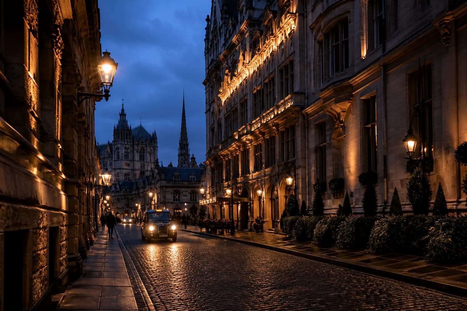 British city streets at blue hour