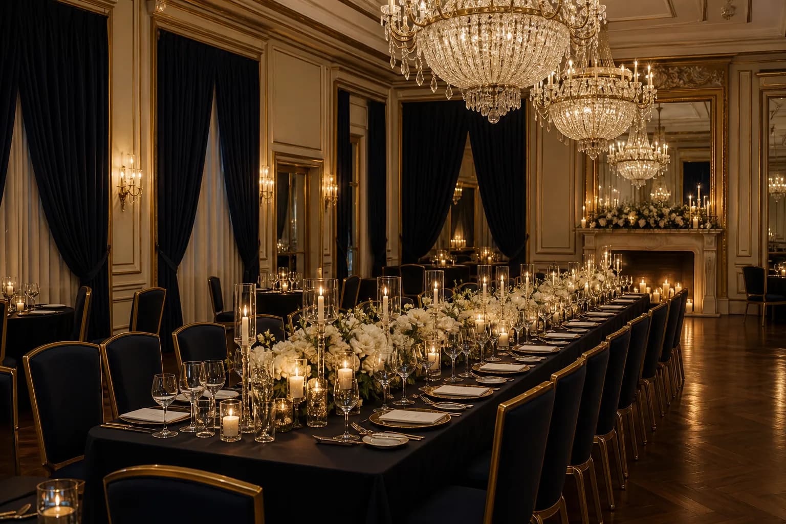 Private event ballroom with crystal chandeliers