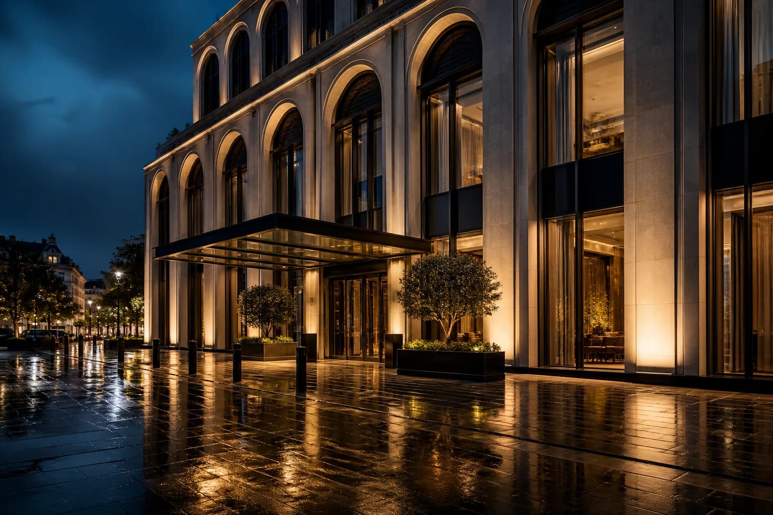 The Ormonde limestone facade illuminated at dusk