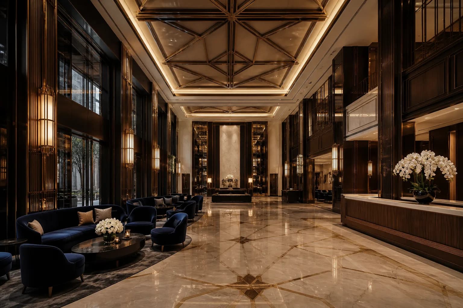 Grand lobby with marble floors and brass sconces