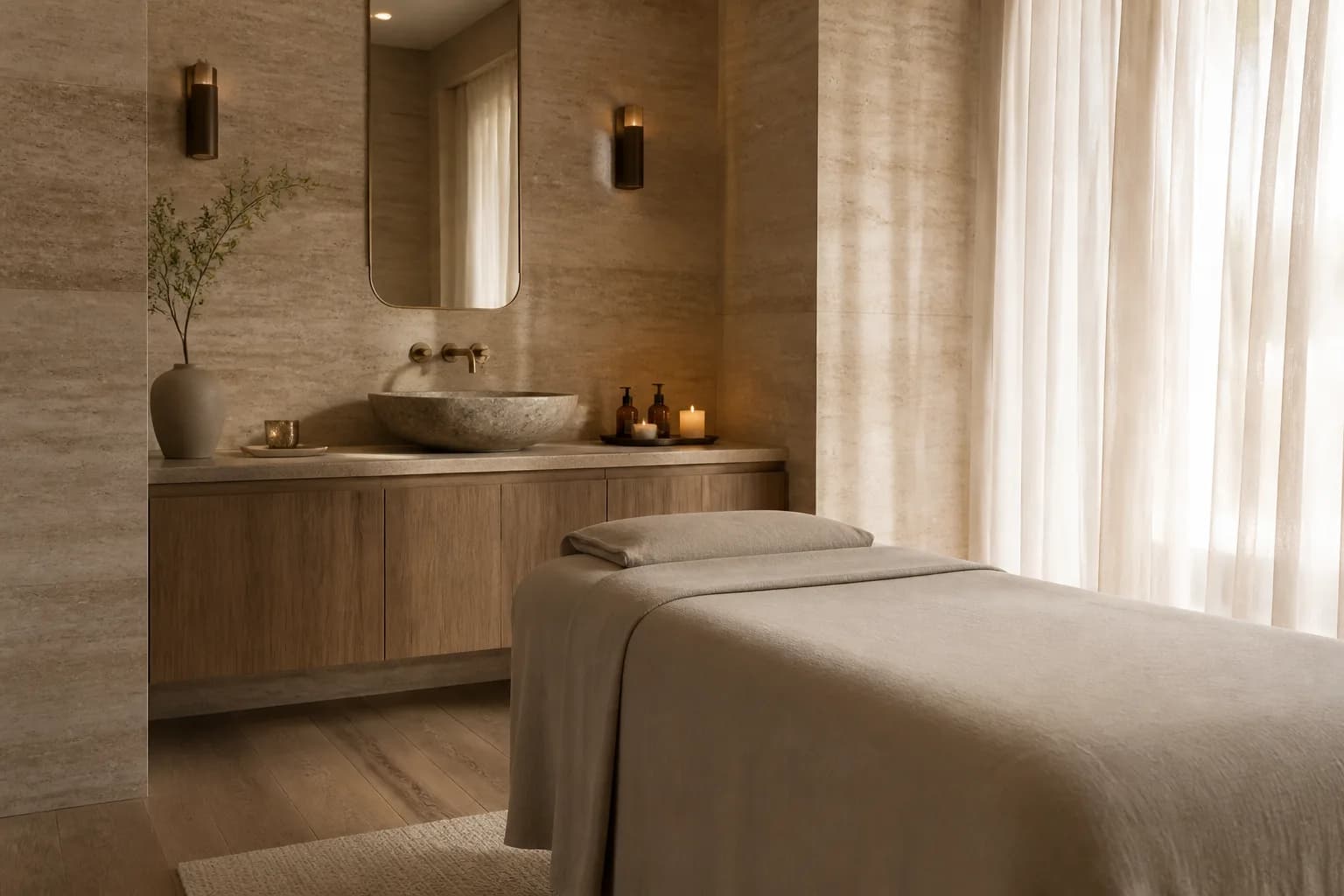 Spa treatment room with travertine and linen